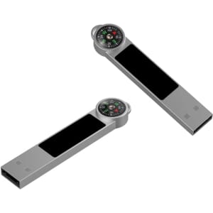 A silver LED flash drive with a compass on top, featuring a sleek design and a smooth finish.