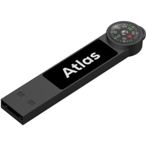 A black Atlas LED flash drive featuring a built-in compass on one end and has a logo printed on the surface.