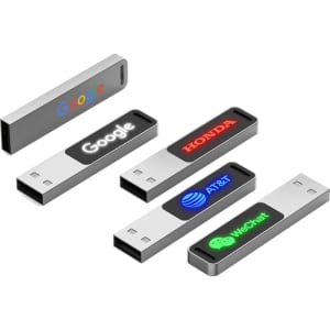 A set of metallic LED flash drives in various colours, featuring multiple logos.