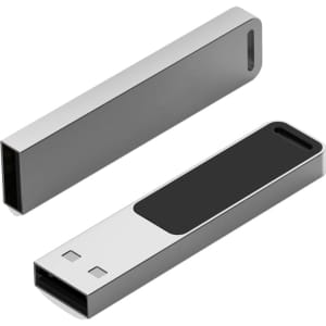 A sleek silver LED flash drive with a smooth design, featuring a black panel and a logo on one side.