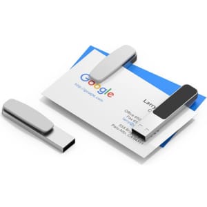 A sleek silver Mosman LED flash drive rests on a business card, featuring a minimalist design.