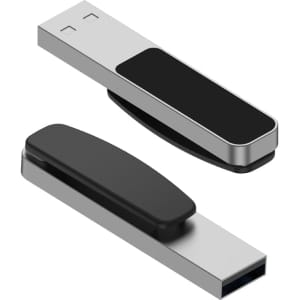 A silver and black Mosman LED flash drive with a sleek design and a rotating cover.