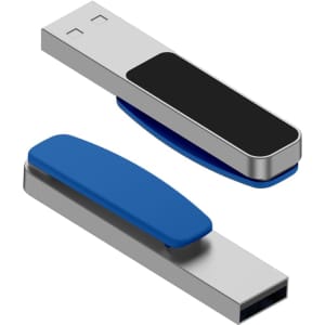 A silver and blue Mosman LED flash drive with a black panel and a sliding cover design.