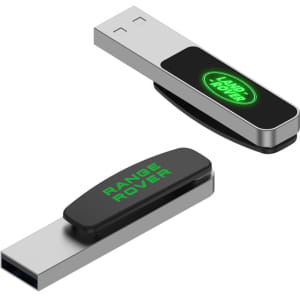 A silver and black LED flash drive features a logo on one side and a USB connector on the other side.