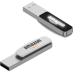 A silver Mosman LED Flash Drive with a black and white design, featuring a logo.