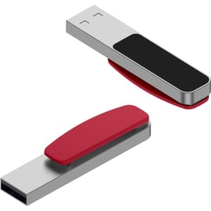 A silver and red Mosman LED flash drive with a sleek, modern design and a black surface area for branding.