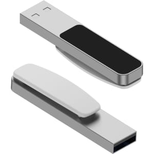 A silver LED flash drive with a black and white design, featuring a sleek and modern profile.