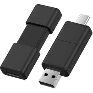 A black Type-C flash drive with a removable cover, featuring USB and Type-C connectors.