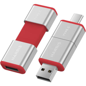 A red and silver Harris Type-C flash drive featuring a dual connector for USB and Type-C ports.