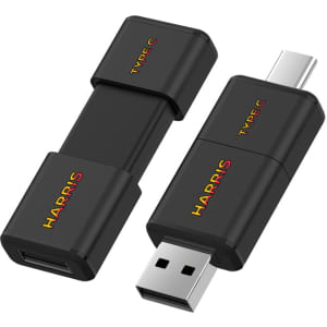A black Harris Type-C flash drive in two sections, featuring a logo and both Type-C and USB connectors.
