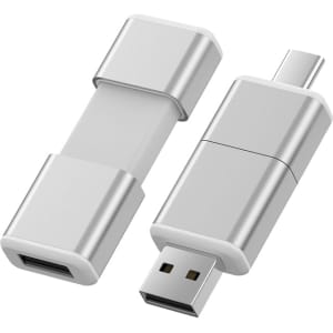 A silver Type-C flash drive with a retractable design, featuring a logo on one side.