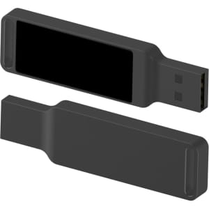 A black LED flash drive with a sleek design and a logo on the side.
