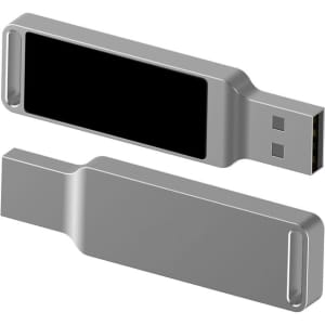 A silver LED flash drive with a sleek design, featuring an integrated USB connector and a smooth surface.