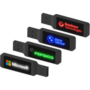 A collection of black LED flash drives featuring logos from various companies.