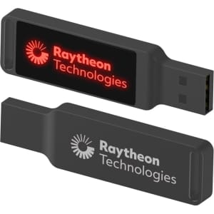 A black LED flash drive with a logo, featuring both a smooth and textured surface.