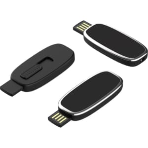 A sleek black LED flash drive with a silver trim, featuring a retractable connector and branding on the surface.