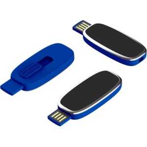 A blue LED flash drive featuring a sliding mechanism, with sleek design elements and a black accent.