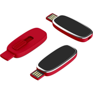A red Berry LED flash drive with a sliding mechanism, featuring a black area and visible USB connectors.