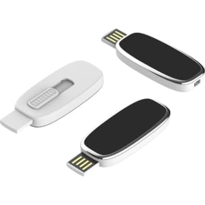 A white and black LED flash drive with a sliding USB connector and sleek design. It features a logo on one side.