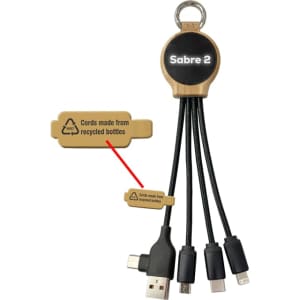 A charging cable holder in wood design with multiple charging cords in black, featuring a logo and a message about recycled materials.