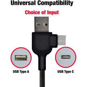 A charging cable featuring USB Type A and USB Type C connectors in black, with a logo displayed on the cable.