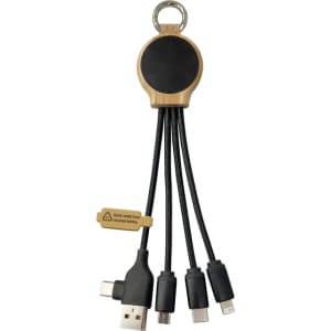 A multi-port charging cable in black with a wooden connector housing and a keyring attachment.
