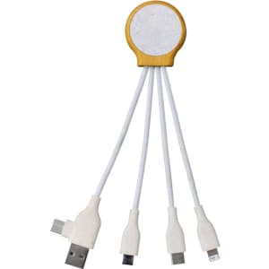 A charging cable with a circular wooden connector, featuring four white cables with different connectors.