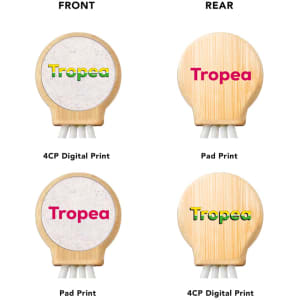 A round product with a bamboo finish, featuring a logo on both sides, includes charging cables in white.