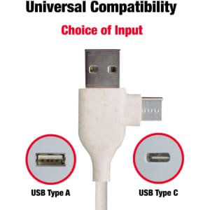 A white charging cable with a USB Type A and USB Type C connector, featuring a logo.