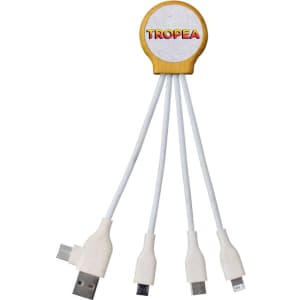 A white charging cable with multiple connectors and a circular branding logo at the top.