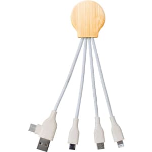 A charging cable with a wooden connector, featuring four white wires for different devices.