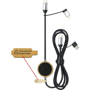 A charging cable with a round connector and multiple tips, featuring a black and natural colour scheme. It has a logo.