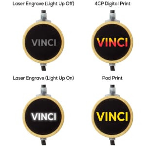 A round LED data charge cable in various printing styles: laser engrave, digital print, and pad print with a wooden finish.