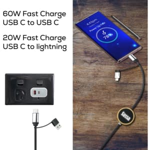 A charging cable in black, connecting USB-C to a lightning connector, with a device displaying a battery percentage.