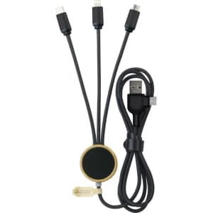 A charging cable with three connectors (USB-C, Lightning, and Micro USB) in a black and gold design.