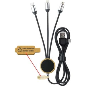 A three-way charging cable in black, featuring USB and multiple connectors, with a circular hub and branding.