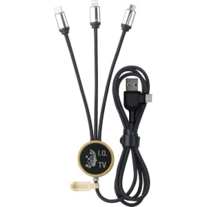 A Vico LED Charge Cable featuring three connectors, black in colour, with a circular device at the top and a branding logo.