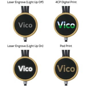 A set of four charging cables with different finishes and designs, featuring a circular black and wood logo area.