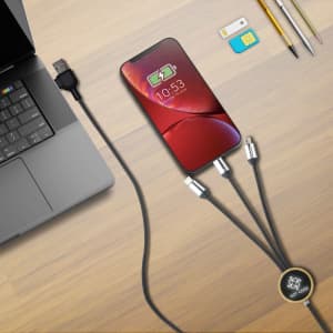A Vico LED charge cable with multiple connectors in black, connected to a smartphone and a laptop on a wooden surface.