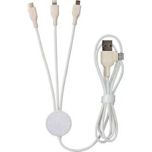 A white multi-connector charging cable with three tips: Lightning, micro USB, and USB-C, coiled for easy storage.