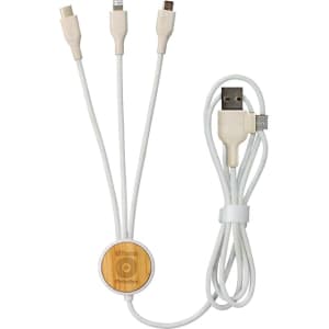 A white charging cable with multiple connectors, including USB, Lightning, and micro USB, featuring a wooden circular section.