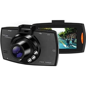 A black Simona Dash Cam featuring a lens and a small display screen on the back. It has a logo on the front.