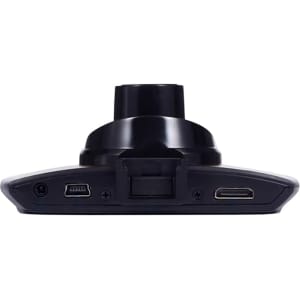 A black Simona Dash Cam featuring various ports on the bottom, with a compact design and a mounting attachment.