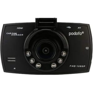 A black dash cam with a circular lens and multiple LED lights, featuring a logo and various input options.