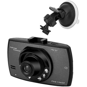 A black dash cam with a lens and a separate suction mount, featuring a logo on the front.