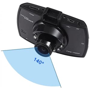 A black Simona Dash Cam with a wide-angle lens and various connection ports, featuring a logo on the body.