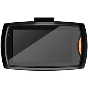 A black Simona Dash Cam featuring a flat screen and an orange button, designed for vehicle use.