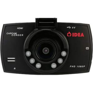 A black dash cam with a camera lens and multiple indicator lights, featuring a logo on the front.