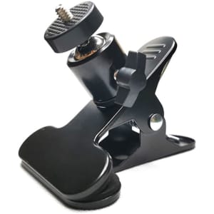 A black clamp-style mount with a threaded attachment for securing devices. Designed for versatility in positioning.