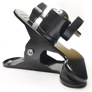 A black adjustable phone mount with a clamp and ball joint for flexible positioning.